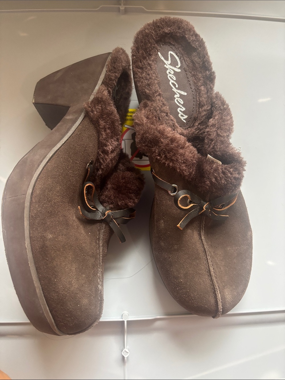 Skechers Brown Suede Faux-Fur Slip-On Clogs with Bow Detail
